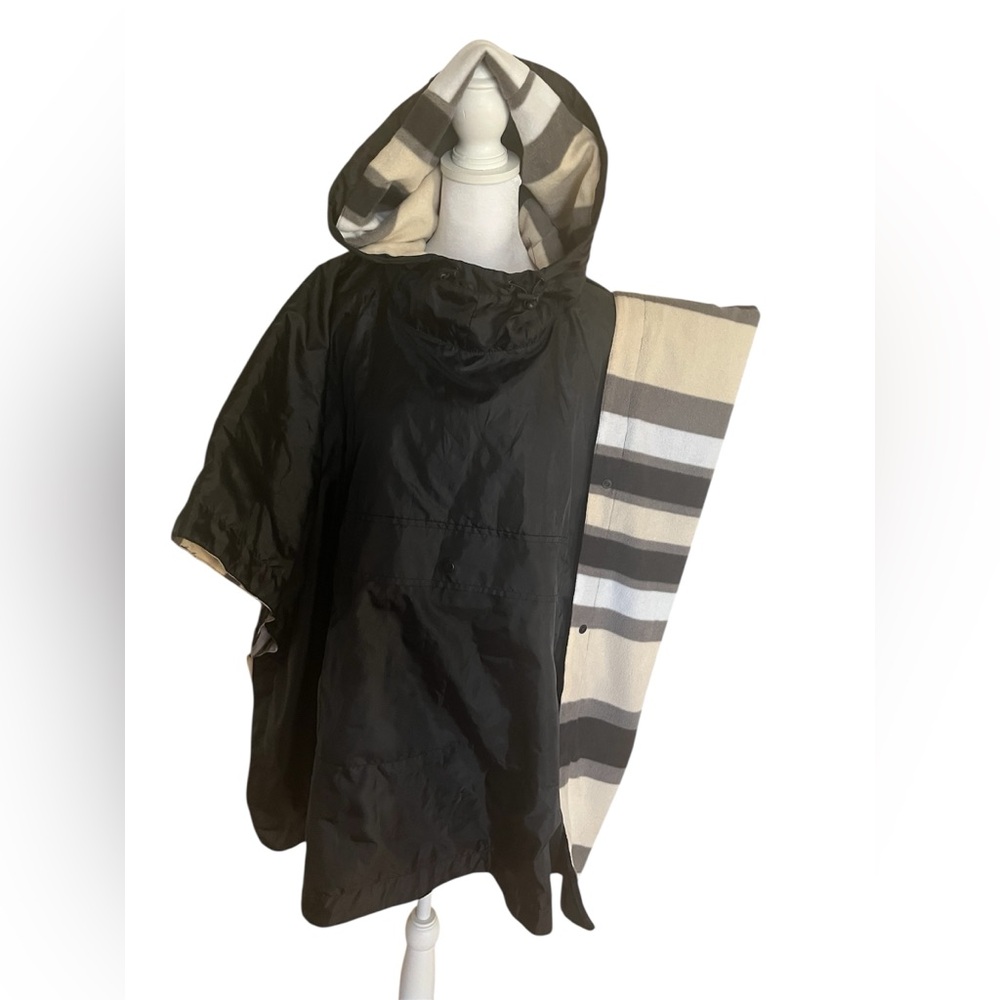 Black Hooded Poncho with Plaid Lining - Picture 3 of 11